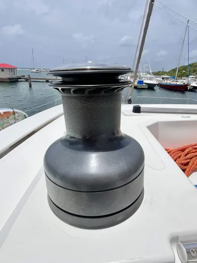 Sea Dog Yacht Photos Pics Sailboat winch on a 2023 Bali 4.6, docked in a marina with other boats.