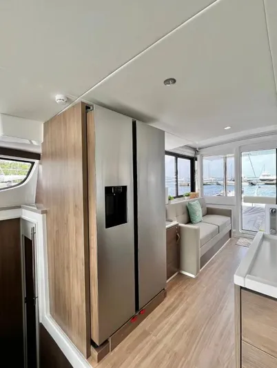 Sea Dog Yacht Photos Pics Modern interior of 2023 Bali 4.6 yacht with sleek kitchen and ocean view.