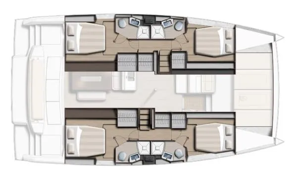 Sea Dog Yacht Photos Pics Floor plan of 2023 Bali 4.6 catamaran, featuring four cabins and modern interior layout.