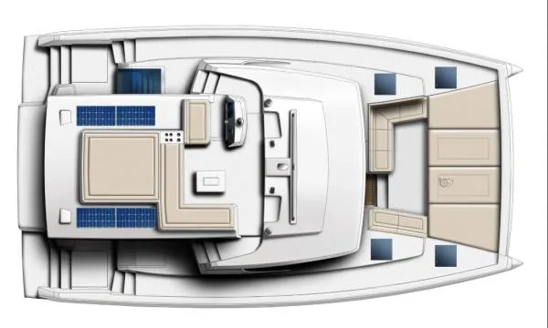 Sea Dog Yacht Photos Pics Top view of 2023 Bali 4.6 catamaran layout with spacious deck and seating areas.