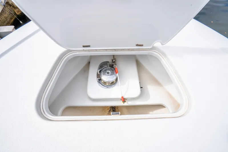  Yacht Photos Pics 2016 Yellowfin 36 Offshore boat anchor compartment with open hatch.