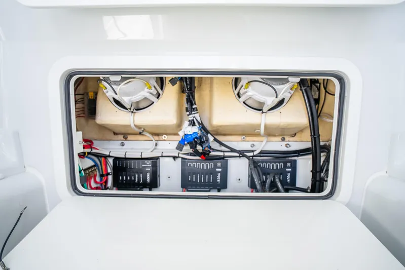  Yacht Photos Pics Electrical compartment of 2016 Yellowfin 36 Offshore boat, showcasing wiring and components.