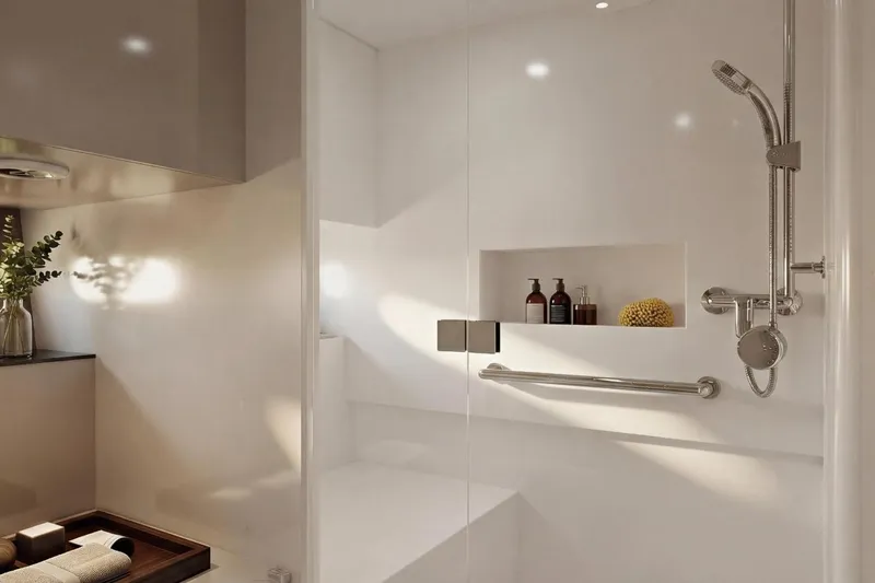  Yacht Photos Pics Luxurious bathroom in 2026 Ladenstein L48 MIAMI yacht, featuring modern shower and elegant decor.