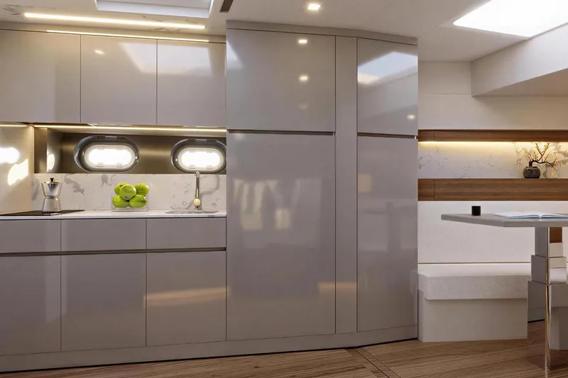  Yacht Photos Pics Modern kitchen interior of 2026 Ladenstein L48 MIAMI yacht with sleek cabinetry and dining area.