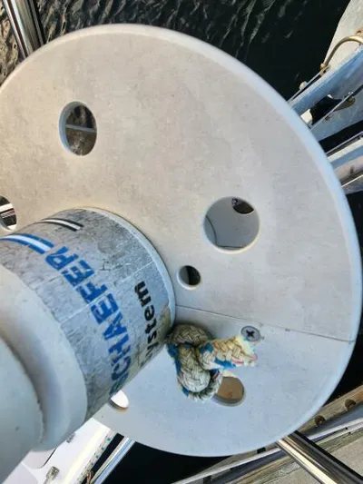 Soleyah Yacht Photos Pics Close-up of a Catalina 387 sailboat rigging component, featuring a Schaefer system.