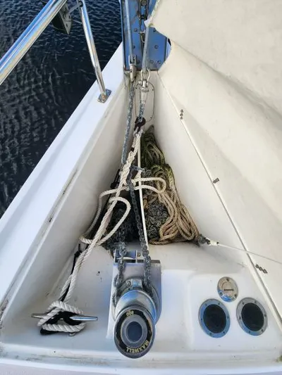 Soleyah Yacht Photos Pics Anchor and ropes on 2007 Catalina 387 sailboat deck.