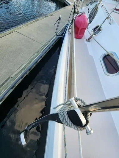 Soleyah Yacht Photos Pics Catalina 387 sailboat docked, showing deck details and mooring line, 2007 model.