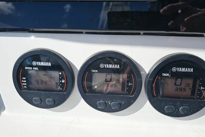  Yacht Photos Pics Yamaha gauges on 2024 Sea Fox 268 Commander boat dashboard, displaying speed and tachometer readings.