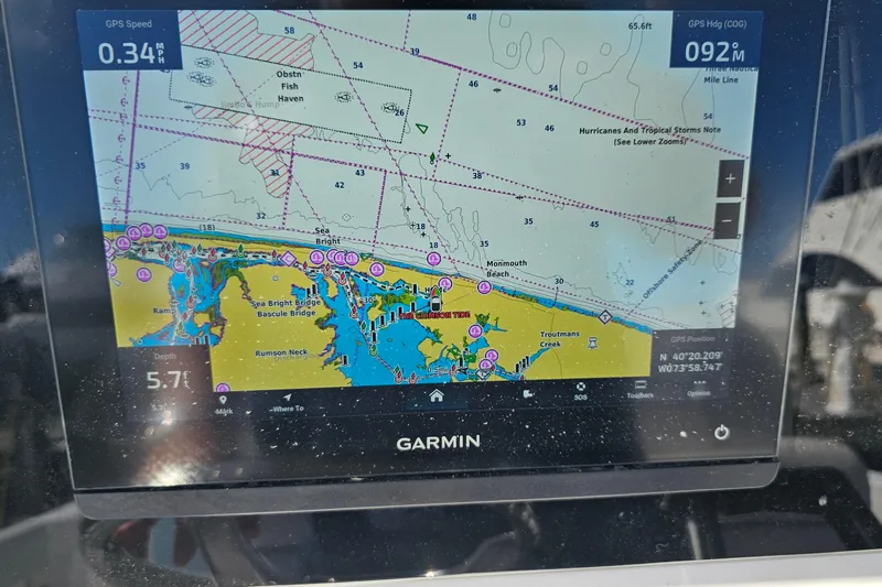  Yacht Photos Pics Garmin GPS display on 2024 Sea Fox 268 Commander, showing nautical chart and navigation details.