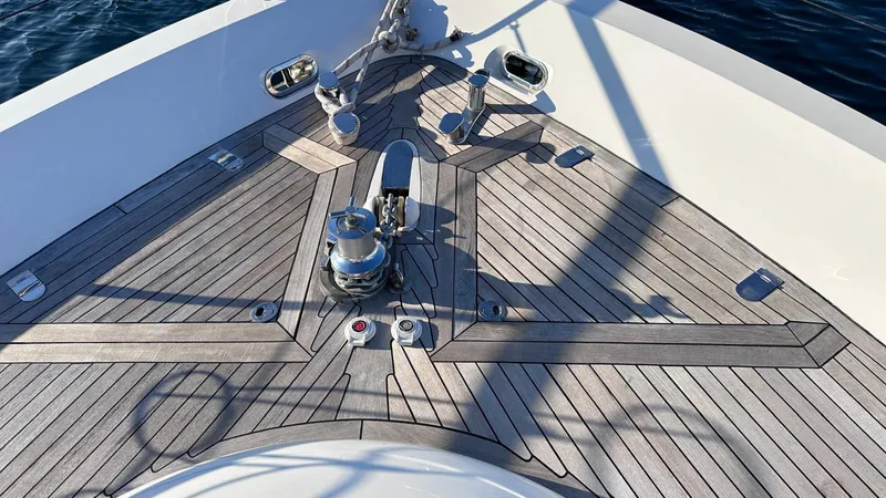  Yacht Photos Pics Deck of 2004 Fairline Squadron 74 yacht with polished wood and metal fittings.