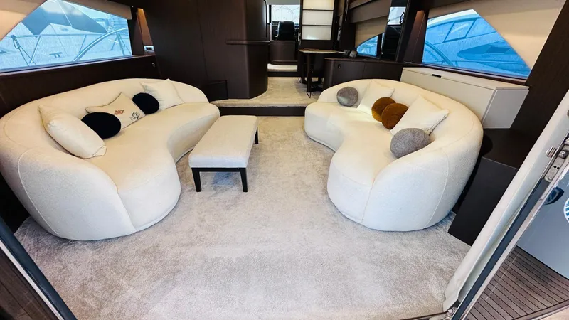  Yacht Photos Pics Luxurious interior of 2004 Fairline Squadron 74 yacht with plush seating and modern design.