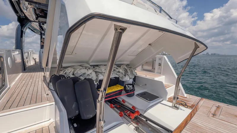 Ladder Yacht Photos Pics Fjord 53XL 2023 storage compartment with equipment on deck.