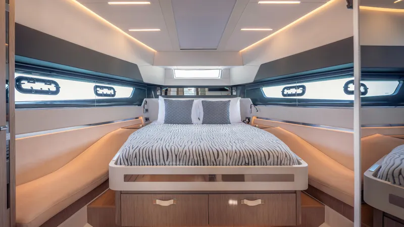 Ladder Yacht Photos Pics Luxurious cabin of the 2023 Fjord 53XL yacht.