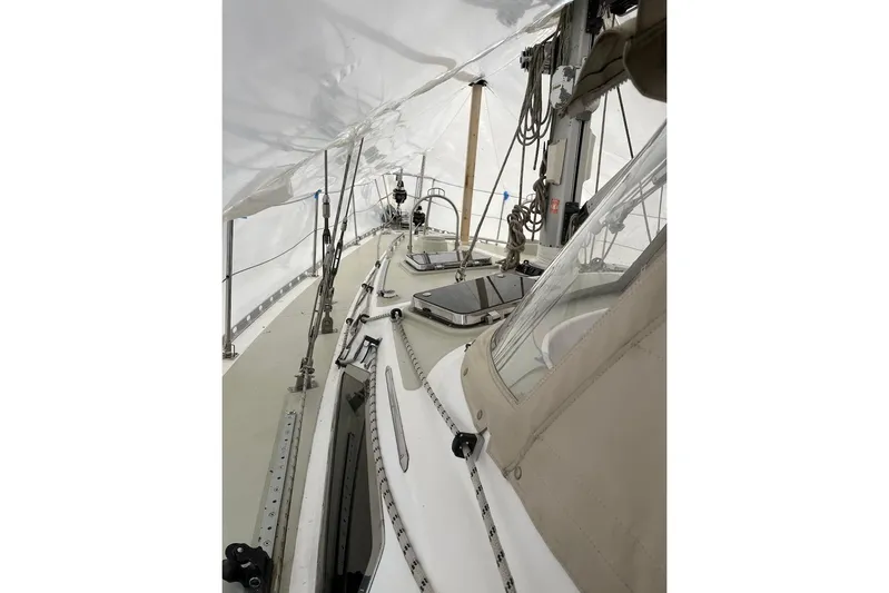  Yacht Photos Pics Interior view of a 2004 Hylas 49 sailboat under protective cover.