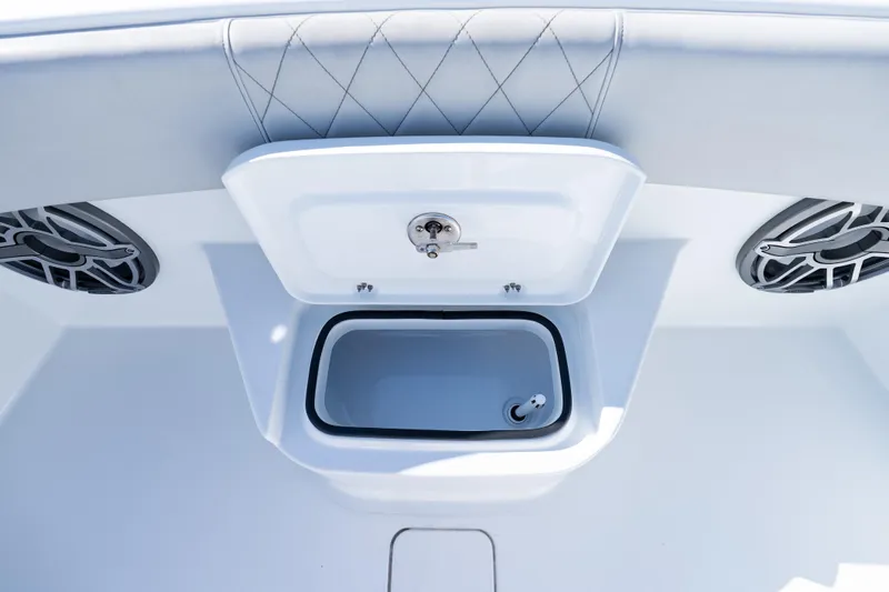 Red White And Booze Yacht Photos Pics Freeman 43 boat interior with open storage compartment and speakers, 2022 model.