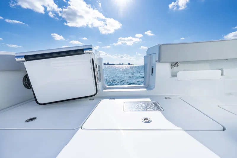 Red White And Booze Yacht Photos Pics 2022 Freeman 43 boat deck with ocean view under clear blue sky.