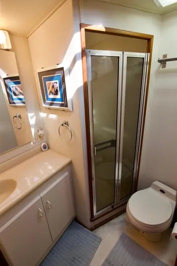3 Hour Tour Yacht Photos Pics 1989 Viking Convertible bathroom with shower, sink, and toilet, featuring modern fixtures and decor.