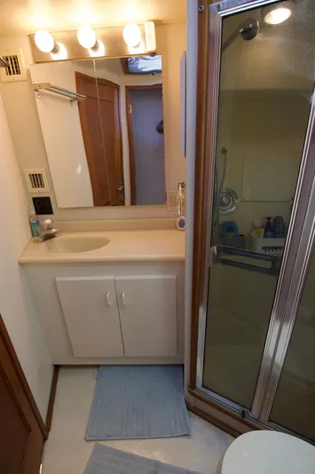 3 Hour Tour Yacht Photos Pics 1989 Viking Convertible yacht bathroom with shower, vanity, and mirror.