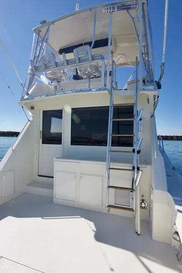 3 Hour Tour Yacht Photos Pics 1989 Viking Convertible boat with upper deck, ladder, and ocean backdrop.