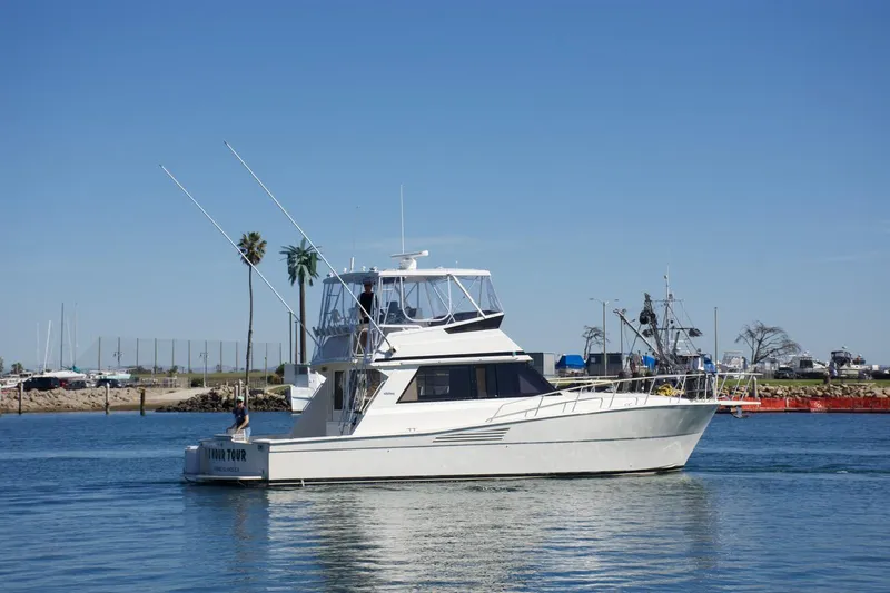 3 Hour Tour Yacht Photos Pics 1989 Viking Convertible yacht cruising on calm waters under a clear blue sky.