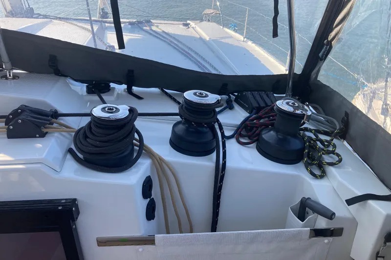 Yacht Photos Pics 2024 Fountaine Pajot Catamaran Astrea 42 deck with winches and ropes.