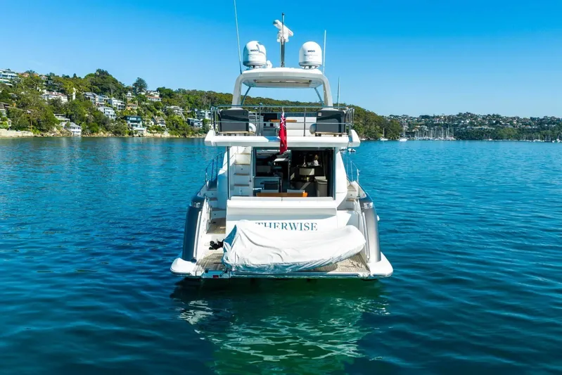  Yacht Photos Pics 2018 Azimut Flybridge yacht on serene blue water, coastal homes in background.