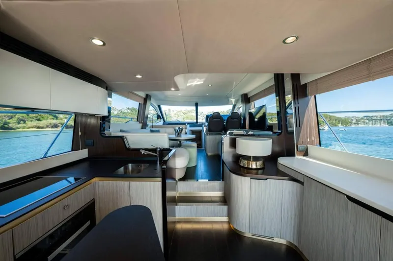  Yacht Photos Pics Luxurious interior of a 2018 Azimut Flybridge yacht with modern design and scenic views.