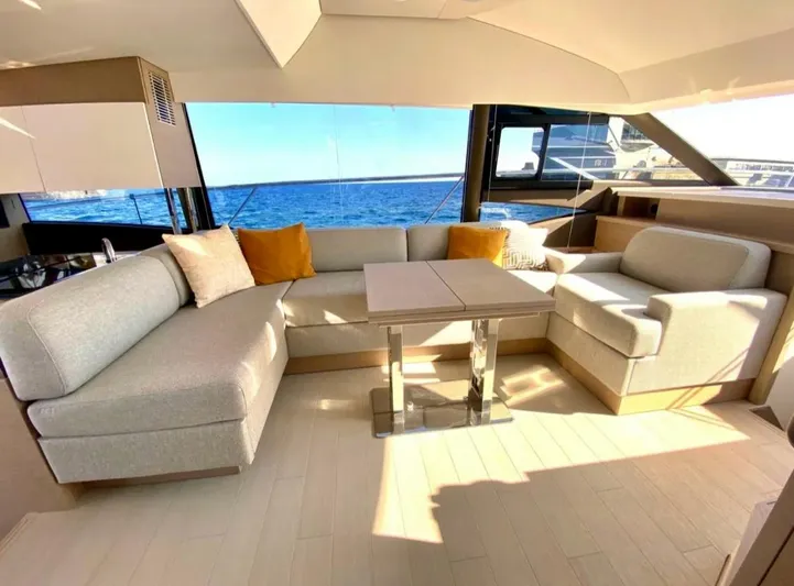  Yacht Photos Pics Luxurious interior of 2023 Prestige 520 yacht with ocean view and modern seating.