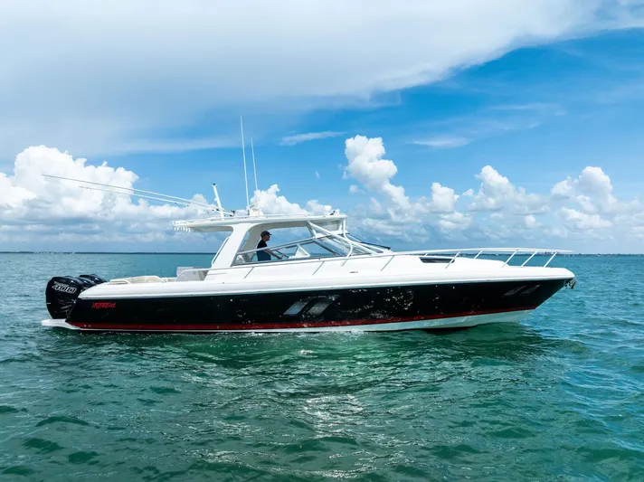 Virgo Yacht Photos Pics 2018 Intrepid 430 Sport Yacht cruising on clear blue water under a bright sky.