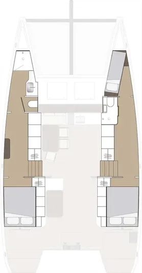  Yacht Photos Pics Floor plan of 2025 Vaan R4 catamaran, featuring cabins, kitchen, and living area.