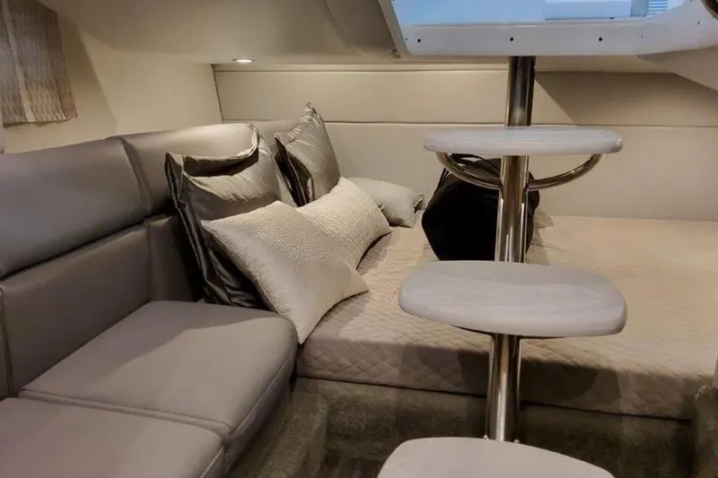 330 Cbr Yacht Photos Pics Luxurious interior of 2025 Formula 350 Crossover Bowrider I/O with plush seating and bedding.