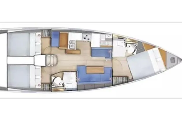 Yacht Photos Pics 2022 Jeanneau Sun Odyssey 410 interior layout, featuring cabins, kitchen, and bathrooms.