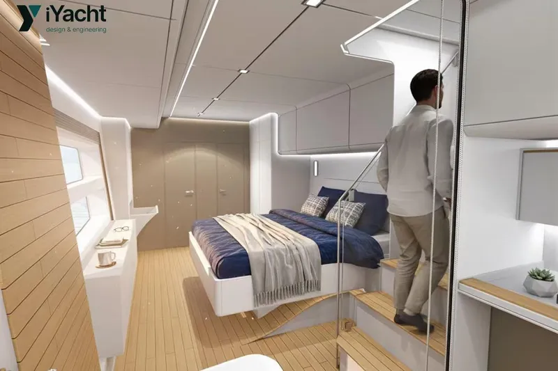 Eco Yacht Photos Pics Luxurious interior of 2026 Mazarin 75 iYacht Hybrid with modern design and cozy bedroom.