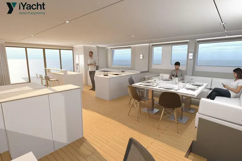 Eco Yacht Photos Pics Luxurious interior of 2026 Mazarin 75 iYacht Hybrid with modern dining area and ocean view.