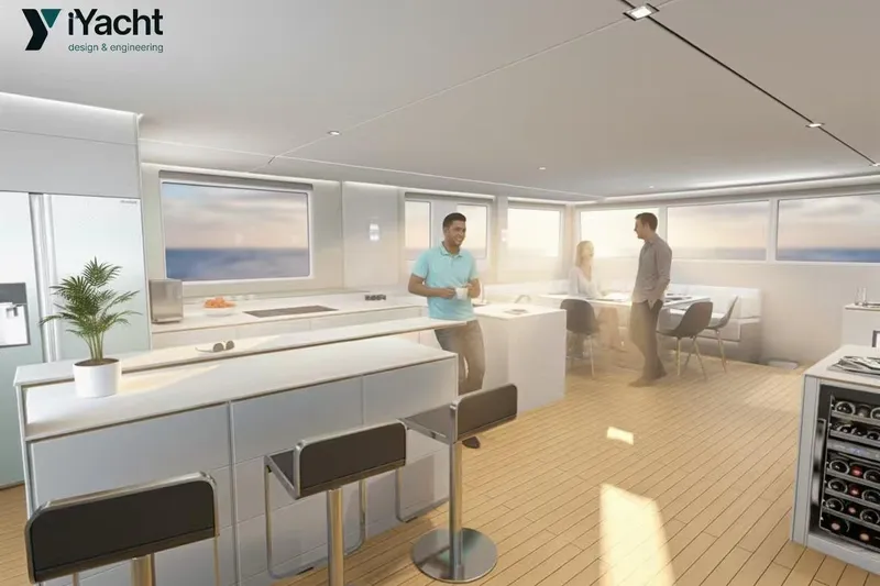 Eco Yacht Photos Pics Modern interior of Mazarin 75 iYacht Hybrid 2026 with people socializing in a sleek kitchen.