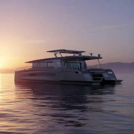 Eco Yacht Photos Pics Mazarin 75 iYacht 2026 at sunset on calm waters.