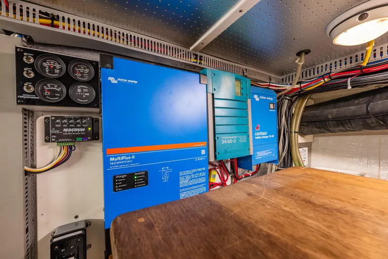 Flyin Low Yacht Photos Pics Electrical system setup on a 2007 DeFever 56 yacht, featuring Victron Energy components.