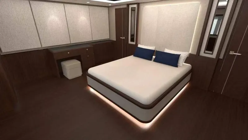 Opportunity Yacht Photos Pics Luxurious bedroom interior in Artemis 100 yacht, 2026 model, featuring modern design and ambient lighting.