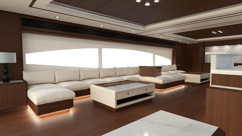 Opportunity Yacht Photos Pics Luxurious yacht interior with modern design, featuring plush seating and elegant wood finishes, Artemis 100, 2026.