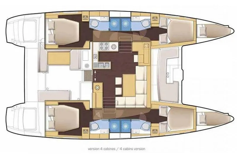  Yacht Photos Pics Floor plan of a 2021 Lagoon 46 catamaran with four cabins and central living area.