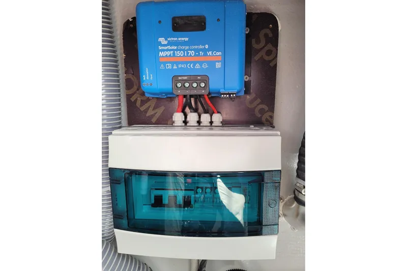  Yacht Photos Pics SmartSolar charge controller in Lagoon 46, 2021 model, with electrical panel.