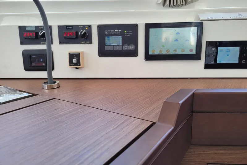  Yacht Photos Pics Control panel of 2021 Lagoon 46 yacht with digital displays and switches.