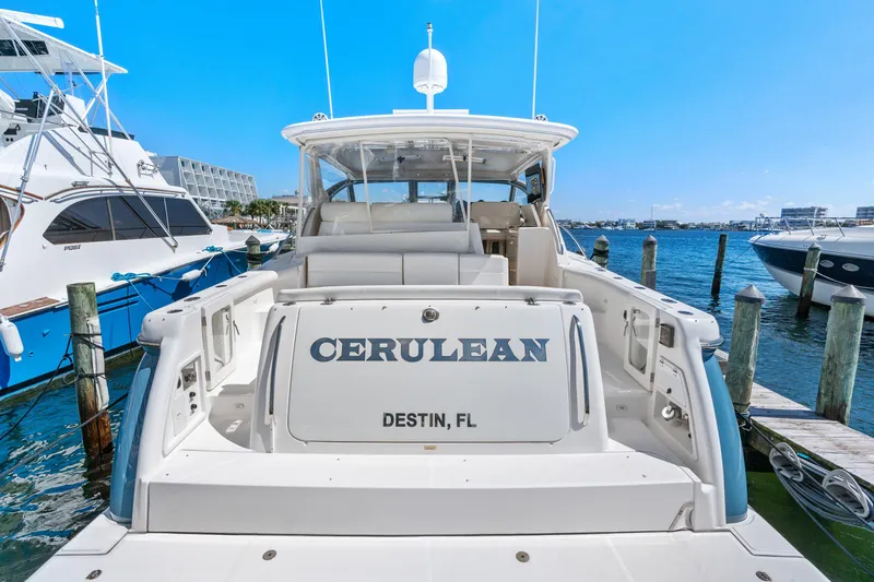 Cerulean Yacht Photos Pics 2000 Tiara Yachts 52 Express Cruiser docked in Destin, FL marina.