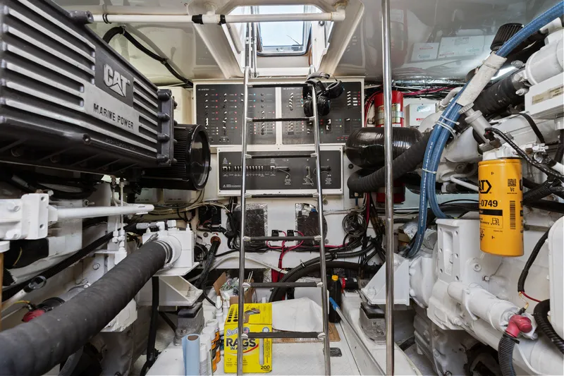 Cerulean Yacht Photos Pics Engine room of 2000 Tiara Yachts 52 Express Cruiser with CAT marine power system.