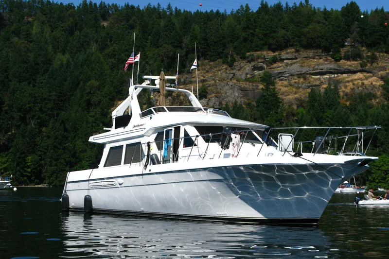 Gabbiano Yacht Photos Pics Luxury Navigator 53 yacht from 2000 on serene water, surrounded by lush forest.