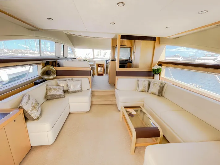  Yacht Photos Pics Luxurious interior of 2008 Princess 62 Flybridge yacht with elegant seating and panoramic windows.