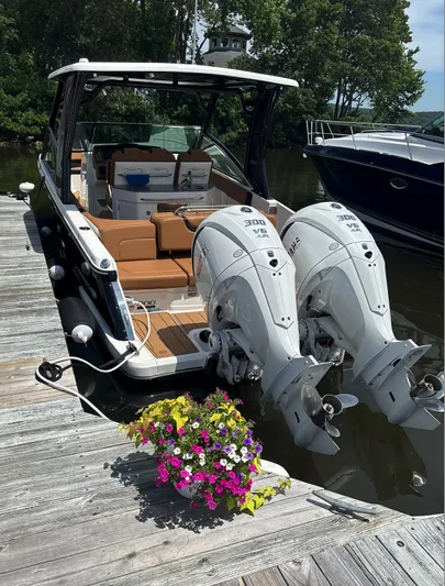  Yacht Photos Pics 2024 Chaparral 300 OSX boat docked with twin engines, surrounded by greenery.