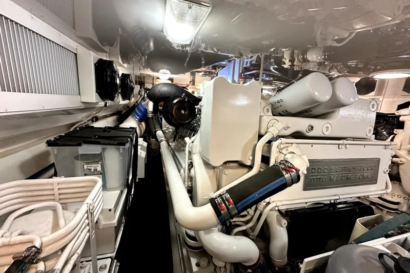 Reel Inn Yacht Photos Pics Engine room of 2003 Viking 61 Convertible yacht, featuring DDC Series 2000 marine engine.