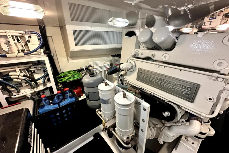 Reel Inn Yacht Photos Pics Engine room of 2003 Viking 61 Convertible yacht with DDC Series 2000 marine engine.