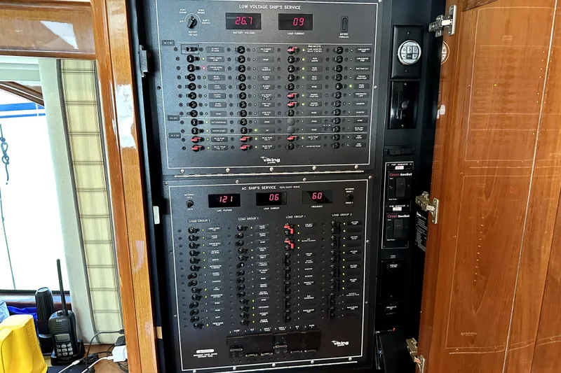 Reel Inn Yacht Photos Pics Electrical control panel inside a 2003 Viking 61 Convertible yacht.